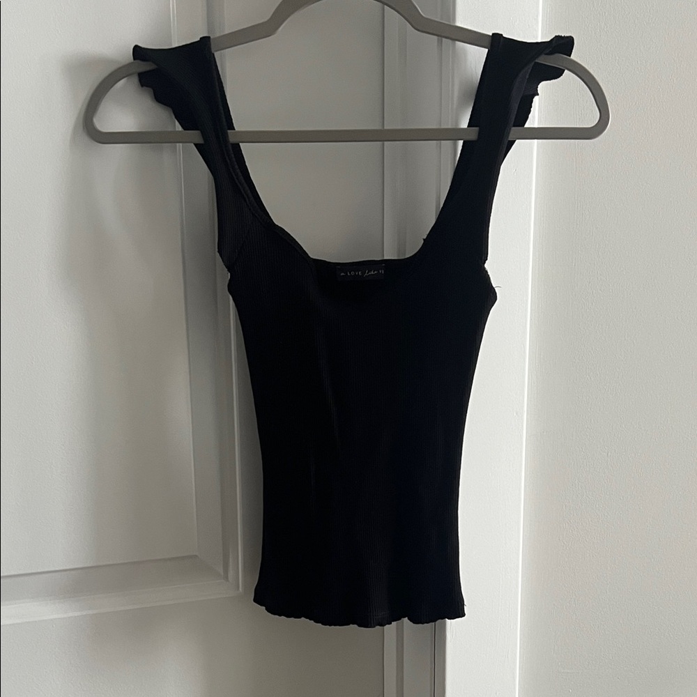 Black Ribbed Square-Neck Tank with Ruffle Straps - Women